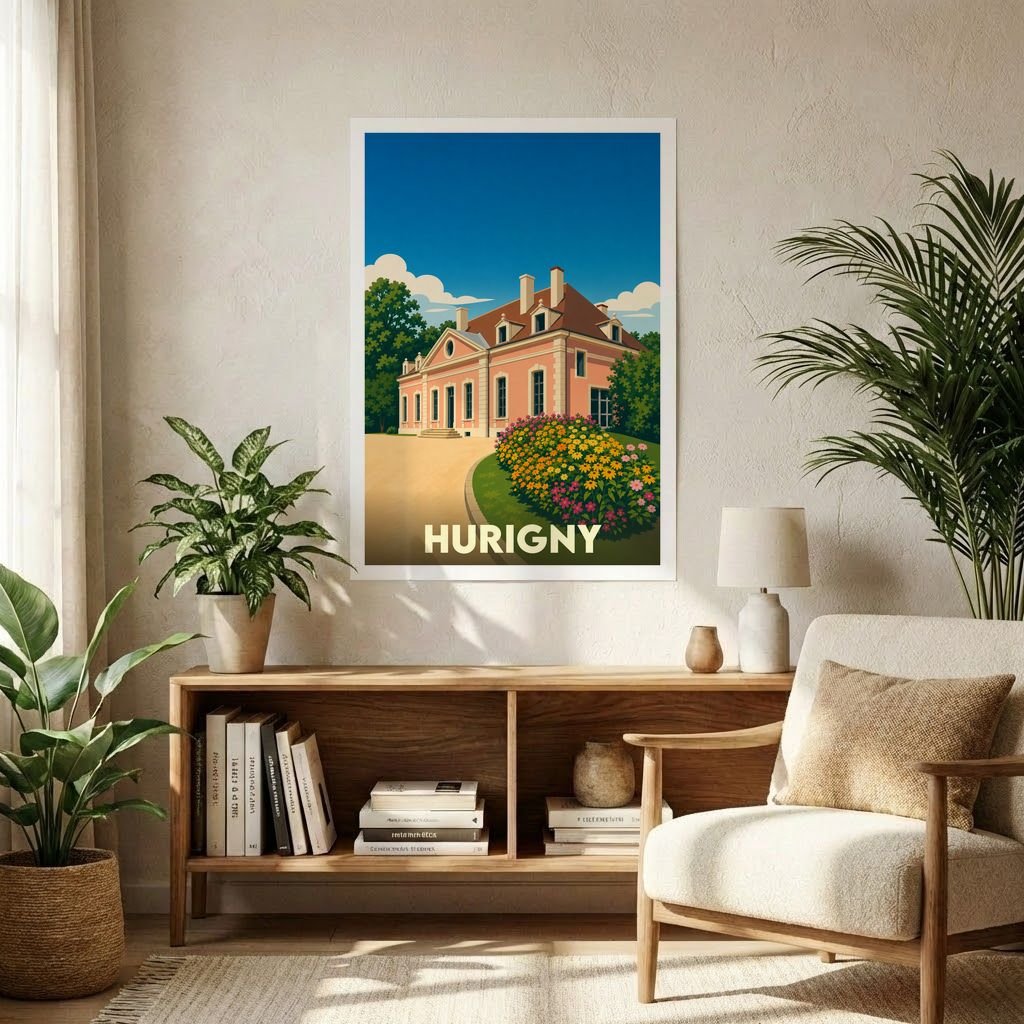 Affiche souvenir de la ville de Hurigny avec une illustration stylisée d'une demeure historique.