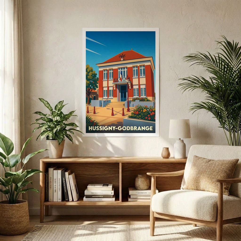 Affiche souvenir de la ville de Hussigny-Godbrange illustrant sa mairie dans un style graphique et coloré.