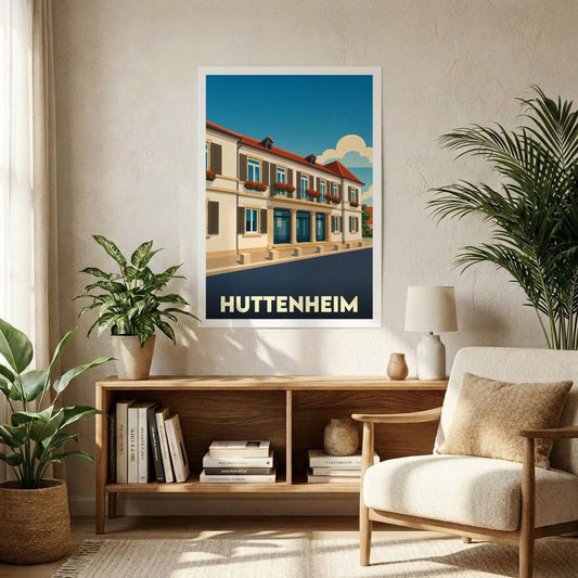 Affiche souvenir de la ville de Huttenheim avec une illustration stylisée d'une rue alsacienne.