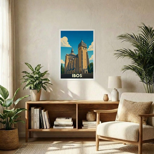Affiche souvenir de la ville d'Ibos avec une illustration stylisée de son église collégiale.