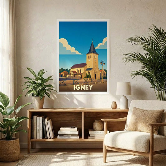 Affiche souvenir de la ville d'Igney avec une illustration stylisée de son église sous un ciel bleu.