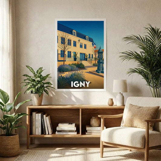 Affiche souvenir de la ville d'Igny présentant une illustration stylisée de l'hôtel de ville sous un ciel bleu azur.
