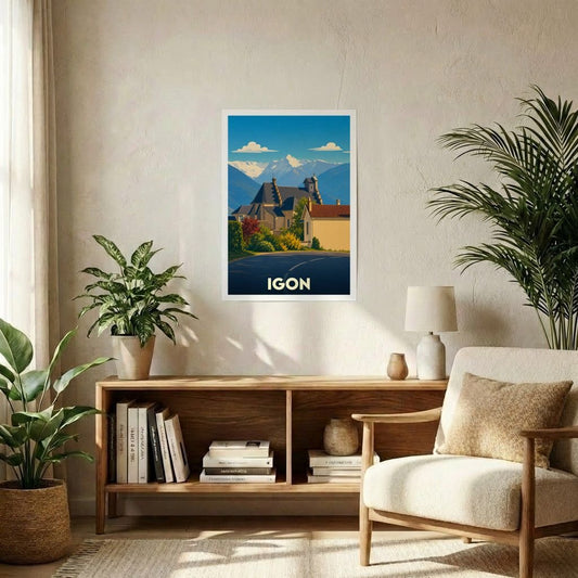 Affiche souvenir de la ville d'Igon avec une illustration stylisée de son église face aux Pyrénées.