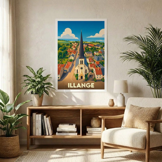 Affiche souvenir de la ville d'Illange présentant une illustration stylisée et colorée de son église et de ses habitations.