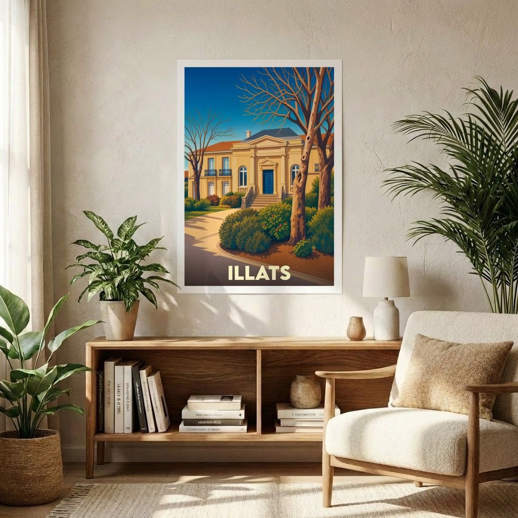 Affiche souvenir de la ville d'Illats représentant une élégante bâtisse au style classique dans un décor végétal coloré.