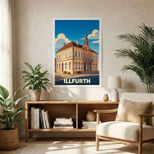 Affiche souvenir de la ville d'Illfurth présentant une illustration stylisée de son architecture sous un ciel azur.