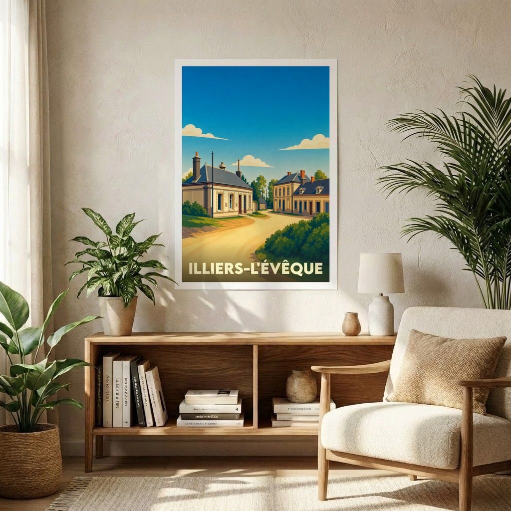 Affiche souvenir de la ville d'Illiers-l'Évêque avec une illustration stylisée d'une rue ensoleillée.