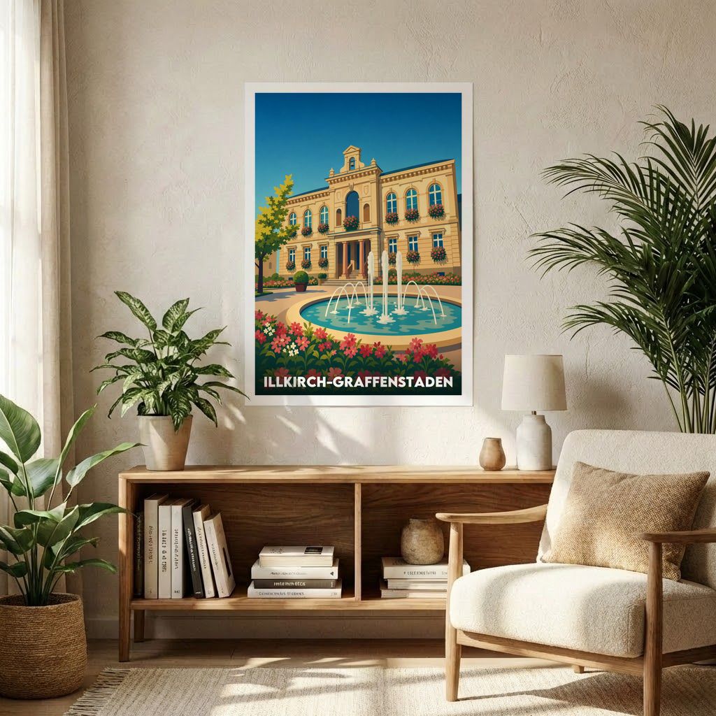 Affiche souvenir de la ville d'Illkirch-Graffenstaden représentant une illustration stylisée de l'hôtel de ville et de sa fontaine.