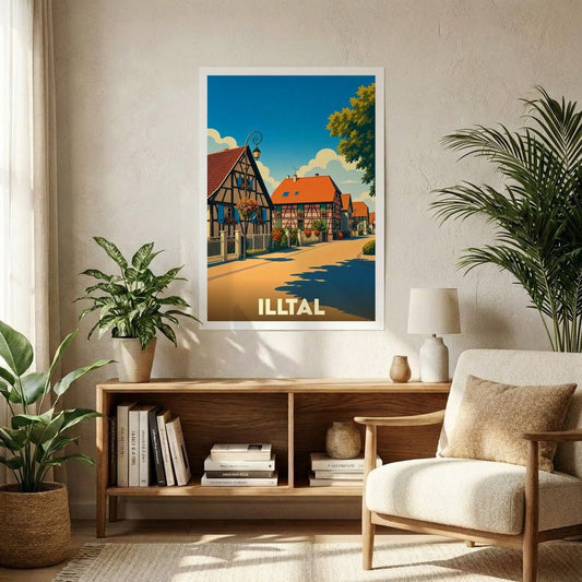 Affiche souvenir de la ville de Illtal avec une illustration stylisée de maisons à colombages.