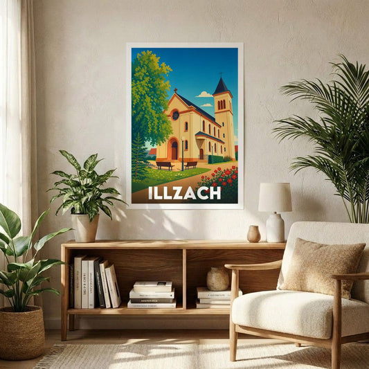 Affiche souvenir de la ville d'Illzach avec une illustration stylisée et colorée.