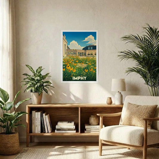 Affiche souvenir de la ville d'Imphy avec une illustration stylisée d'un champ de fleurs devant des bâtiments sous un ciel nuageux.