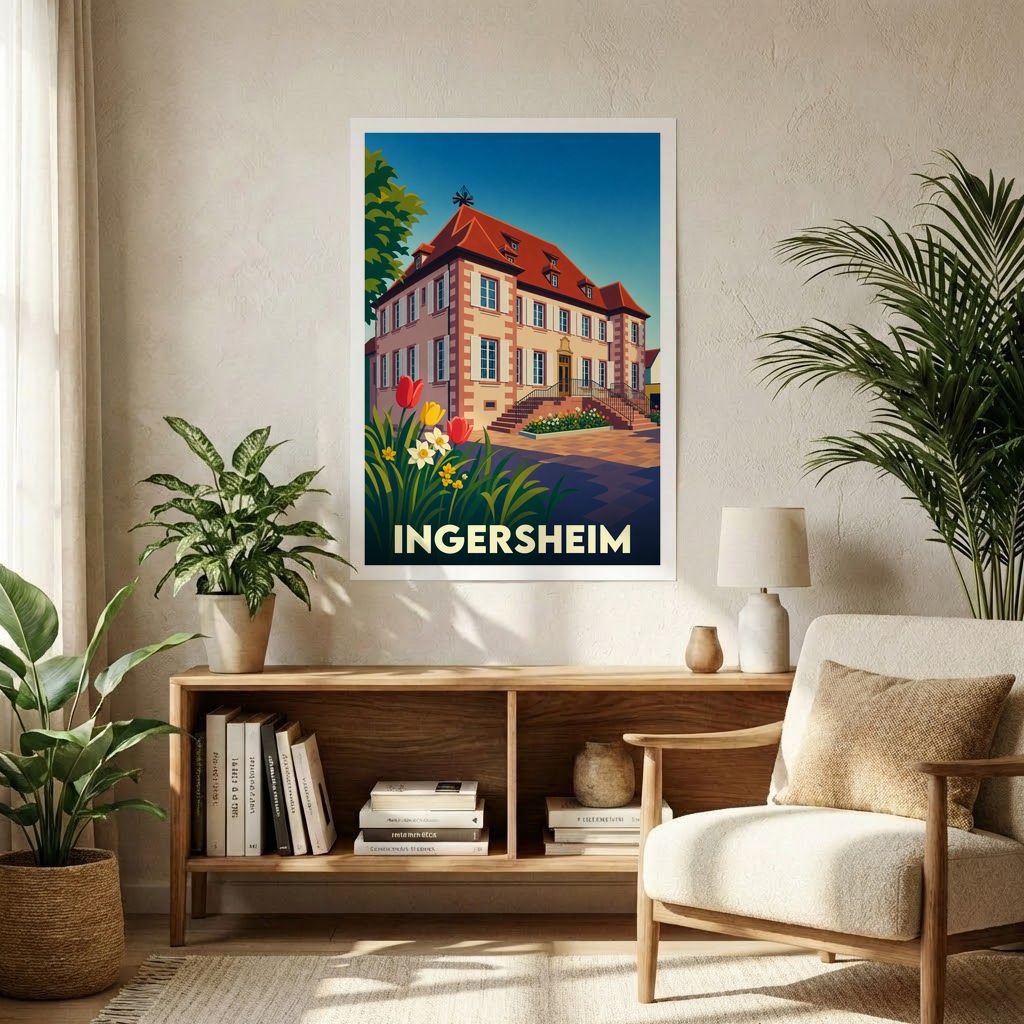 Affiche souvenir de la ville de Ingersheim avec une illustration stylisée d'une bâtisse historique et de tulipes colorées.