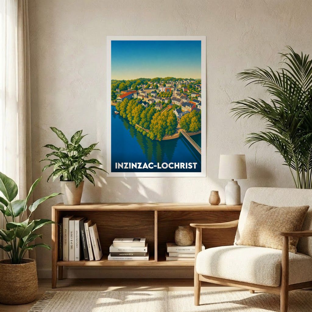 Affiche souvenir de la ville d'Inzinzac-Lochrist avec une illustration stylisée et colorée de ses paysages bordant le Blavet.
