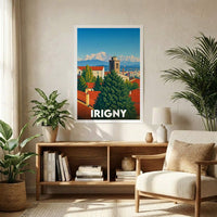 Affiche souvenir de la ville d'Irigny avec une illustration stylisée de son clocher et des montagnes en arrière-plan.
