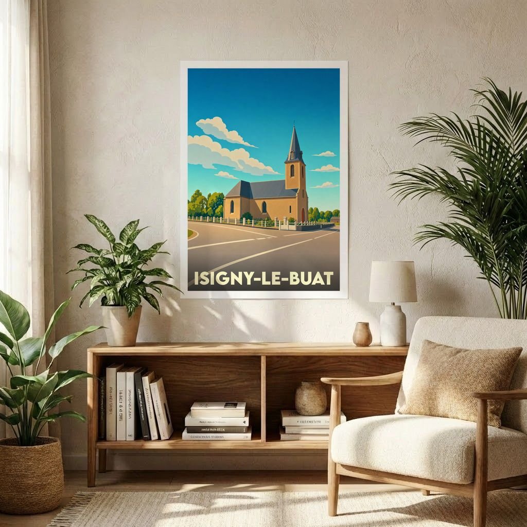 Affiche souvenir de la ville d'Isigny-le-Buat avec une illustration stylisée de son église sous un ciel bleu.