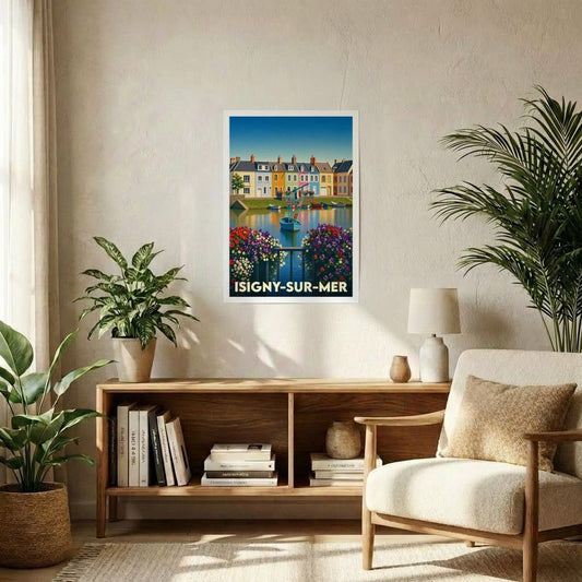 Affiche souvenir de la ville d'Isigny-sur-Mer avec une illustration stylisée et colorée de son port.