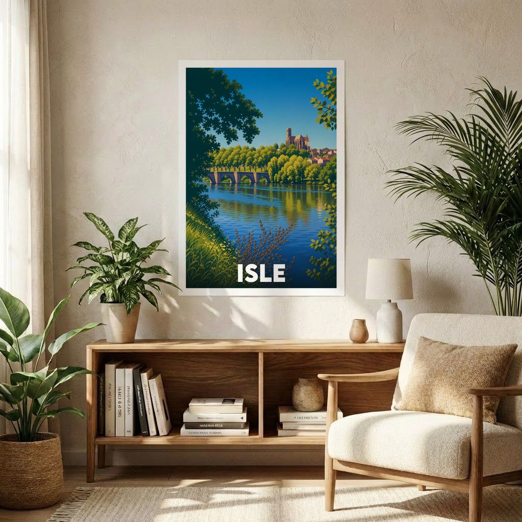 Affiche souvenir de la ville de Isle représentant un paysage fluvial avec une illustration stylisée.