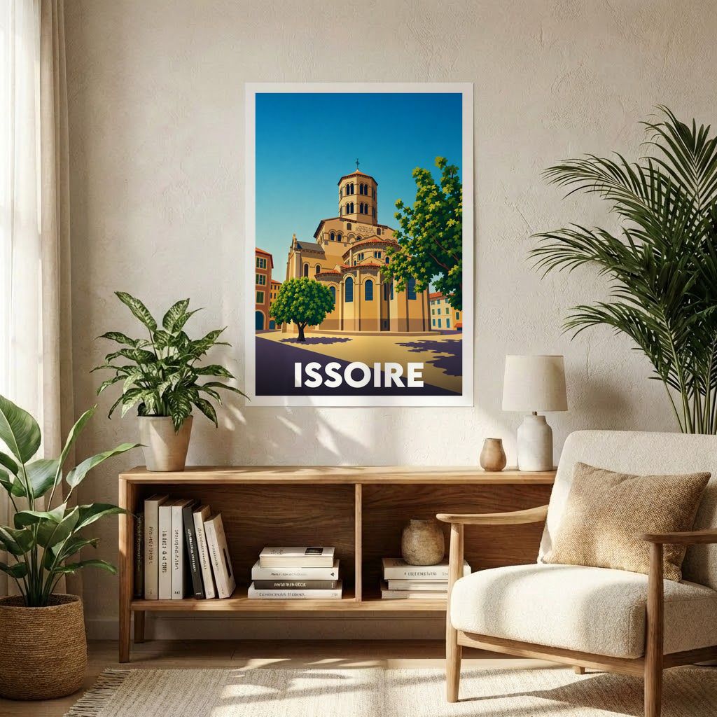 Affiche souvenir de la ville d'Issoire avec une illustration stylisée.