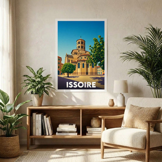 Affiche souvenir de la ville d'Issoire avec une illustration stylisée.