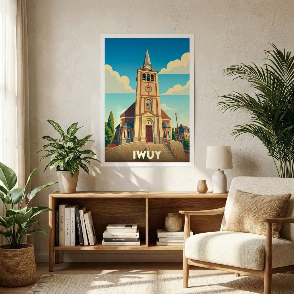 Affiche souvenir de la ville d'Iwuy représentant son église dans un style graphique rétro.