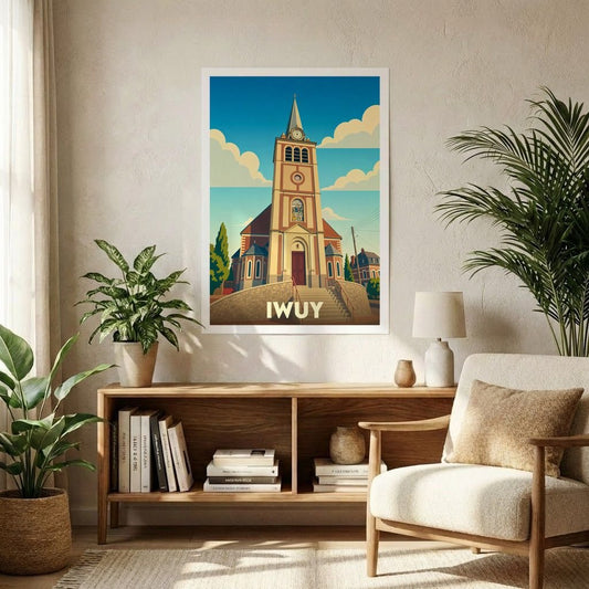 Affiche souvenir de la ville d'Iwuy représentant son église dans un style graphique rétro.