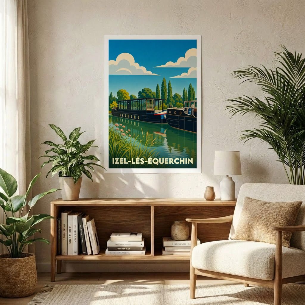 Affiche souvenir de la ville d'Izel-lès-Équerchin avec une illustration stylisée de péniches sur un canal.