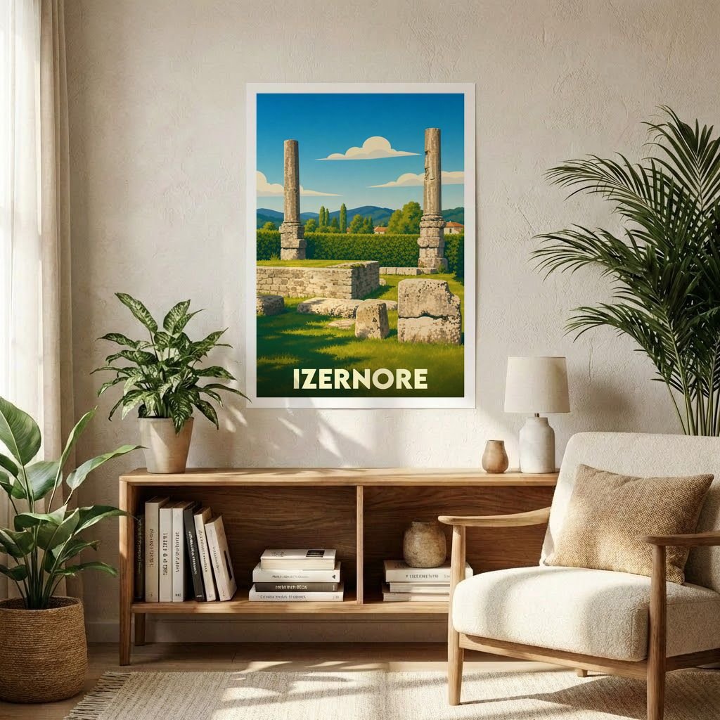 Affiche souvenir de la ville d'Izernore illustrant les vestiges de son temple romain dans un style vintage.