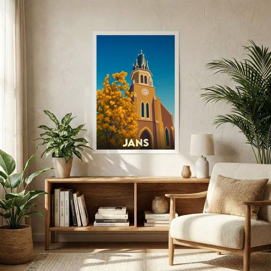 Affiche souvenir de la ville de Jans avec une illustration stylisée d'un clocher et de feuillages automnaux.