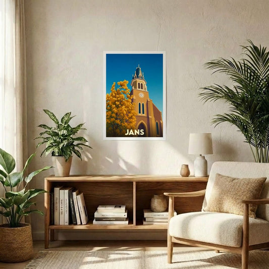 Affiche souvenir de la ville de Jans représentant son église dans un style graphique et épuré.