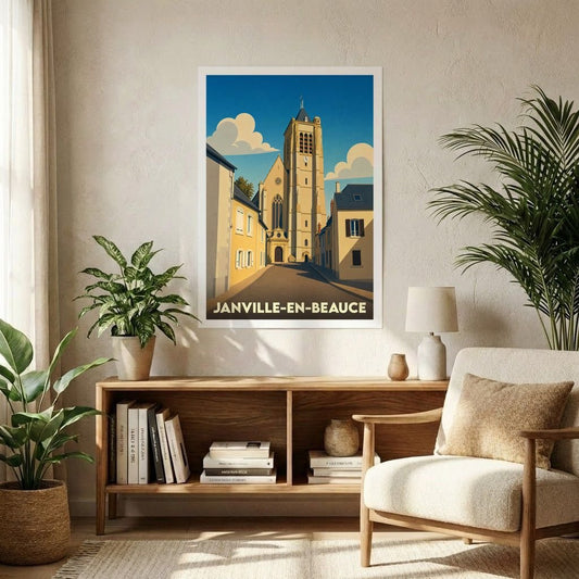 Affiche souvenir de la ville de Janville-en-Beauce présentant une illustration stylisée de son église et de ses rues ensoleillées.