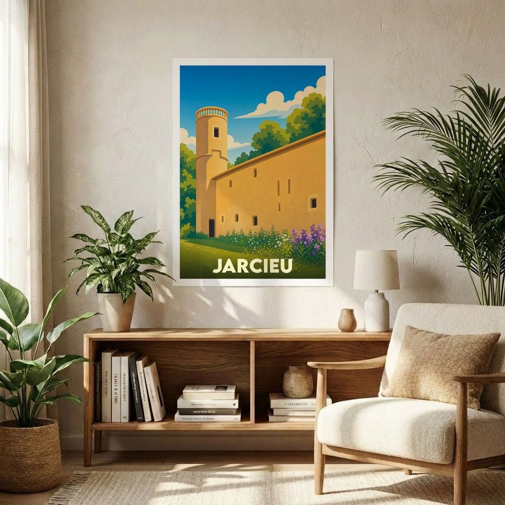 Affiche souvenir de la ville de Jarcieu avec une illustration stylisée d'un bâtiment historique et de sa tour.