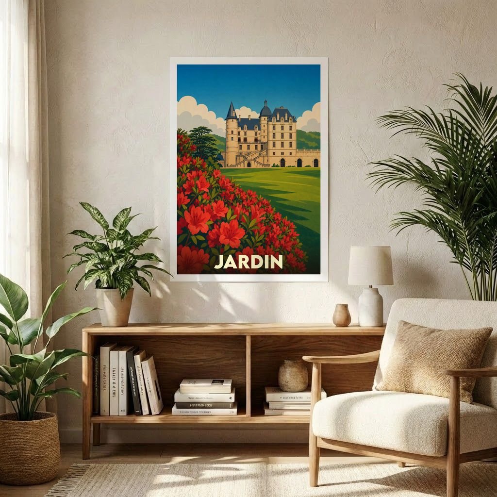 Affiche souvenir de la ville de Jardin avec une illustration stylisée de son château et de ses parterres fleuris.