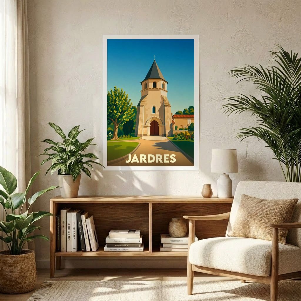 Affiche souvenir de la ville de Jardres représentant son église dans un style graphique épuré et coloré.