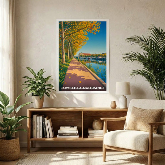 Affiche souvenir de la ville de Jarville-la-Malgrange avec une illustration stylisée d'un chemin boisé au bord de l'eau.