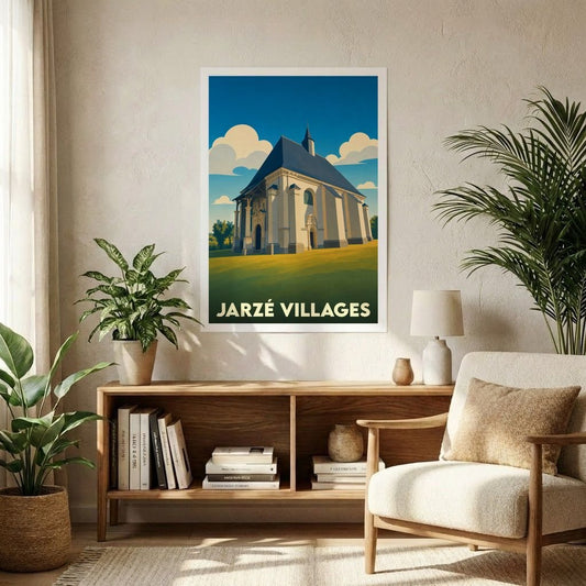 Affiche souvenir de la ville de Jarzé Villages présentant une illustration stylisée de son patrimoine architectural.