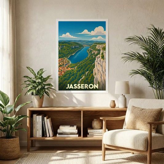 Affiche souvenir de la ville de Jasseron présentant une vue panoramique stylisée sur une vallée verdoyante et son cours d'eau.