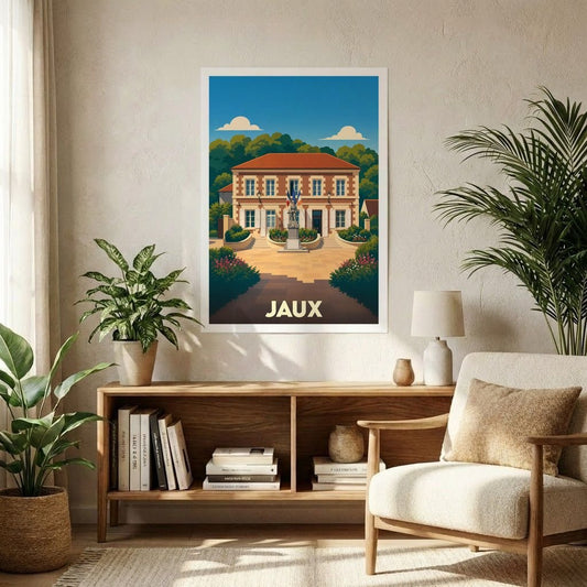 Affiche souvenir de la ville de Jaux avec une illustration stylisée et colorée de son hôtel de ville.