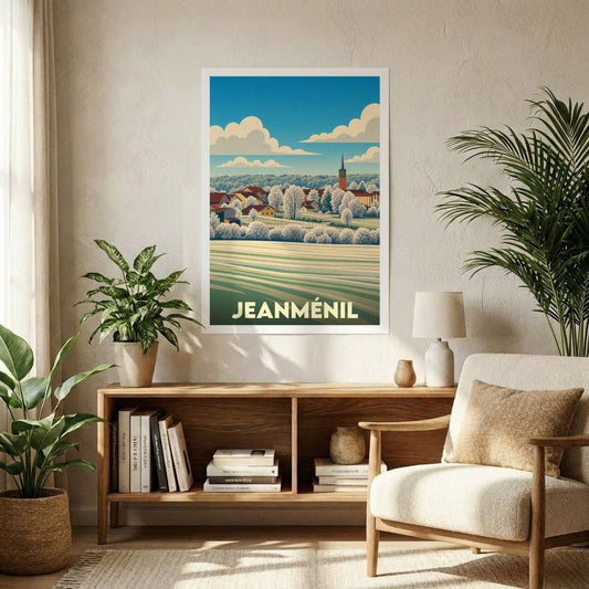 Affiche souvenir de la ville de Jeanménil présentant une illustration stylisée et colorée de son paysage rural.