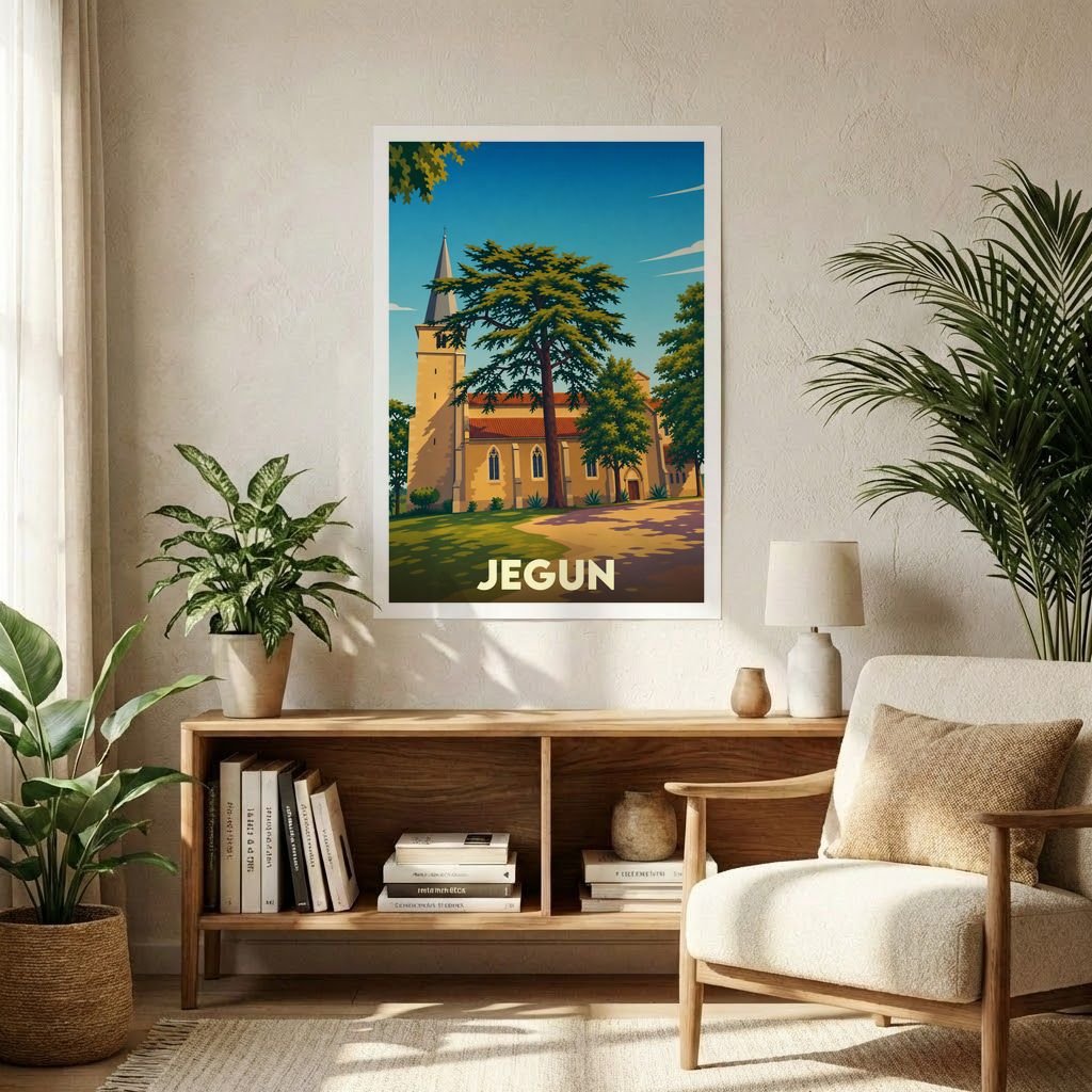 Affiche souvenir de la ville de Jegun représentant son église et un grand cèdre dans un style graphique rétro.