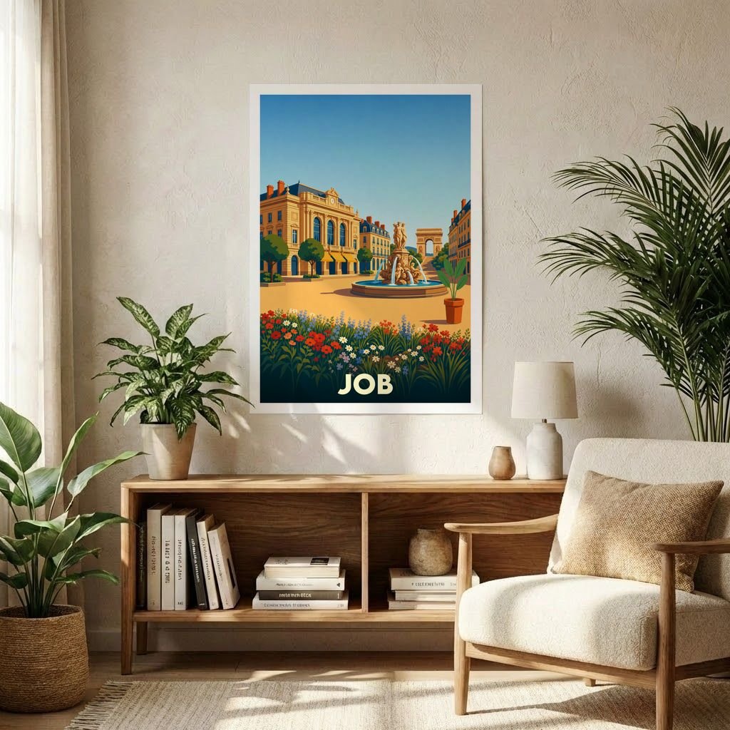 Affiche souvenir de la ville de Job avec une illustration stylisée d'une place ensoleillée.