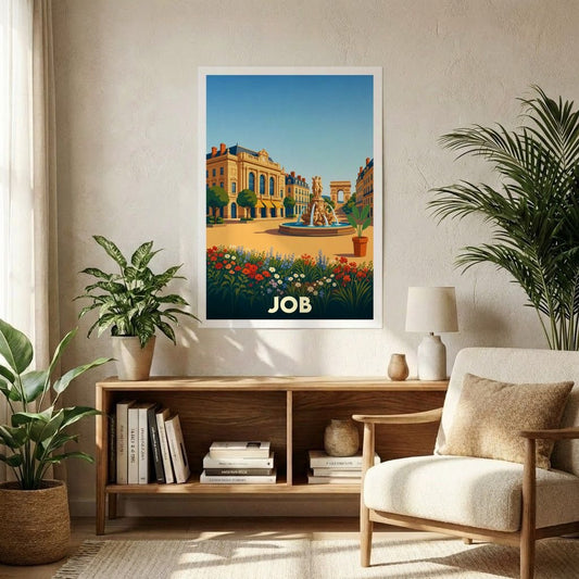 Affiche souvenir de la ville de Job avec une illustration stylisée d'une place ensoleillée.
