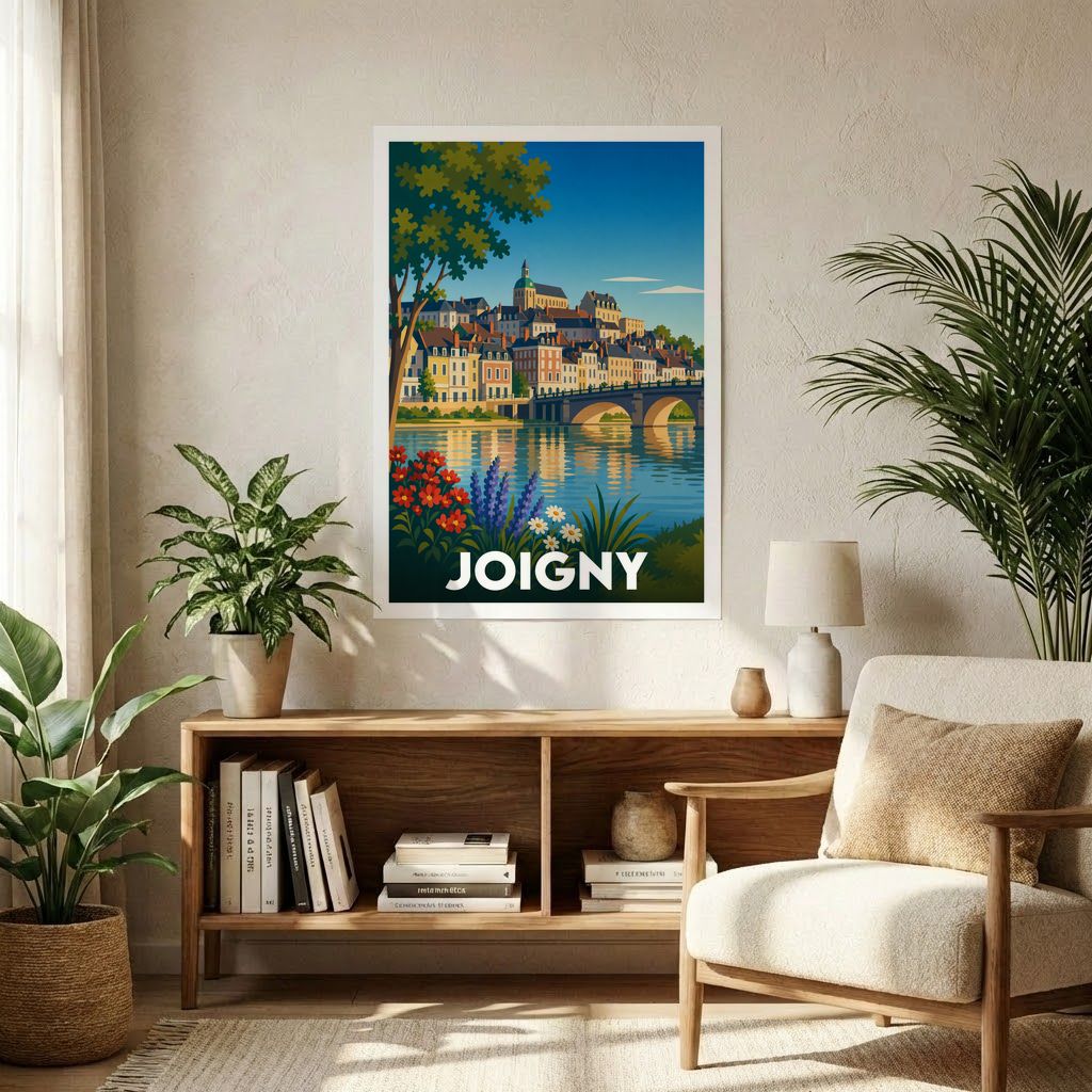 Affiche souvenir de la ville de Joigny avec une illustration stylisée et colorée du bord de l'Yonne.