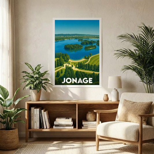 Affiche souvenir de la ville de Jonage avec une illustration stylisée de son lac et de sa verdure.