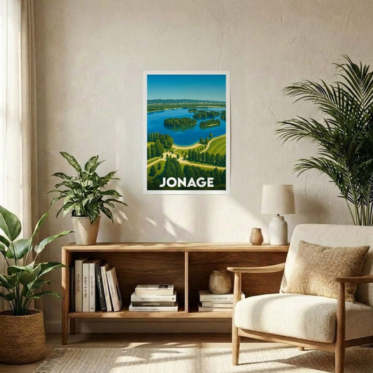 Affiche souvenir de la ville de Jonage représentant une vue aérienne stylisée de son lac et de sa verdure.