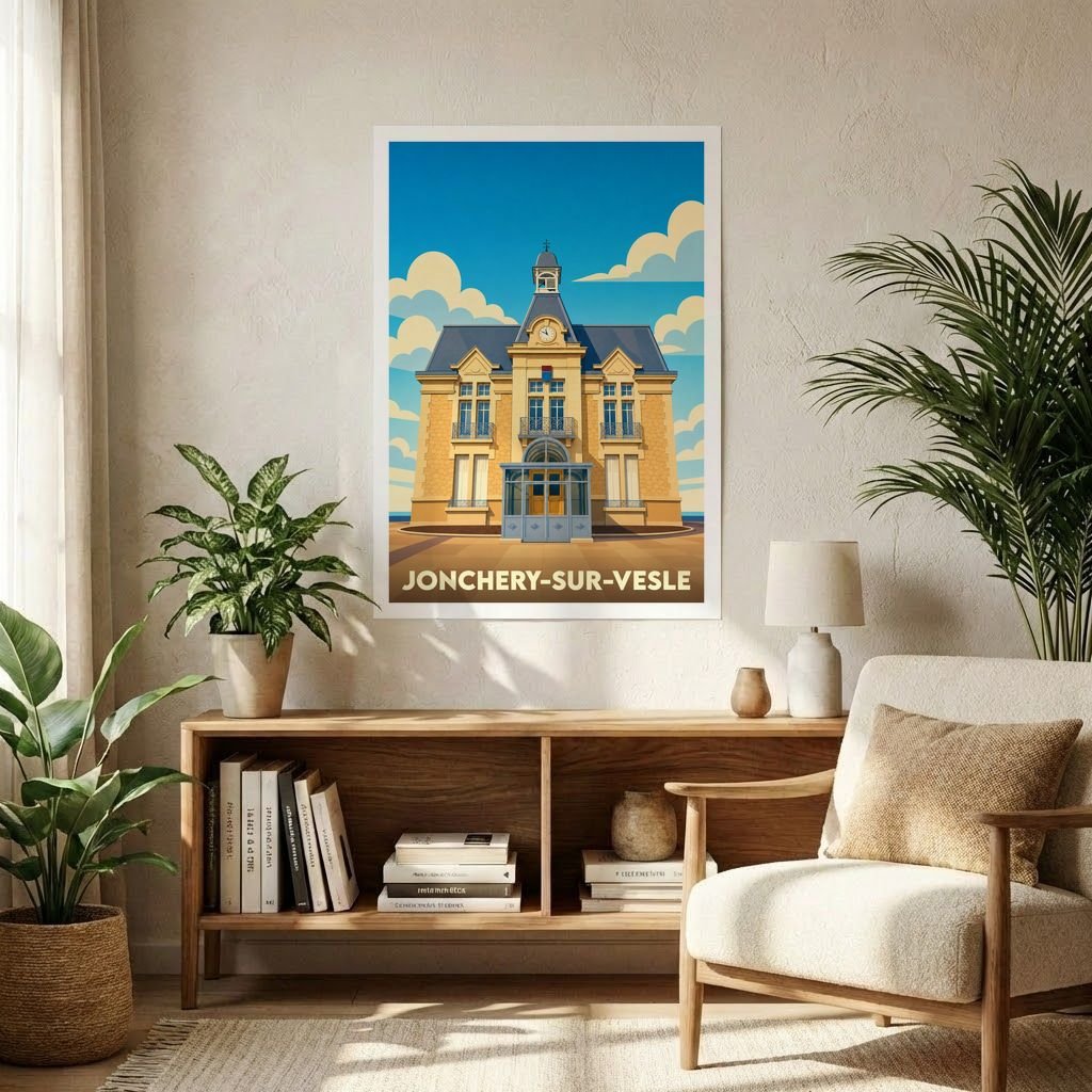 Affiche souvenir de la ville de Jonchery-sur-Vesle représentant son hôtel de ville dans un style graphique rétro.