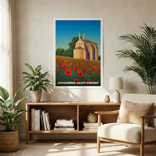 Affiche souvenir de la ville de Jonquières-Saint-Vincent illustrant une chapelle provençale au milieu d'un champ de coquelicots.