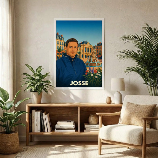 Affiche souvenir de la ville de Josse avec une illustration stylisée d'un homme devant une place ensoleillée.