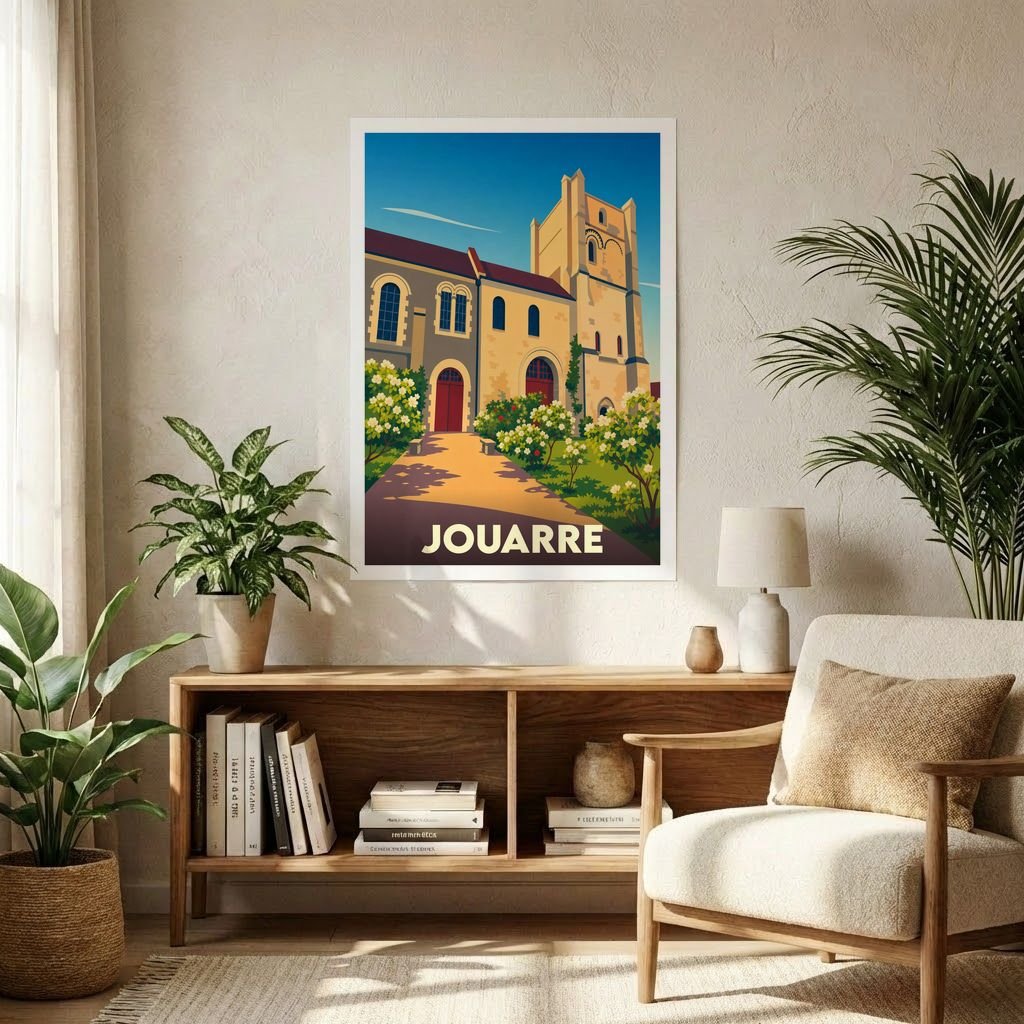Affiche souvenir de la ville de Jouarre avec une illustration stylisée et colorée.