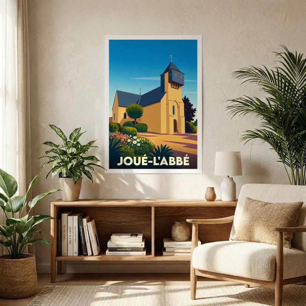 Affiche souvenir de la ville de Joué-l'Abbé avec une illustration stylisée de son église.