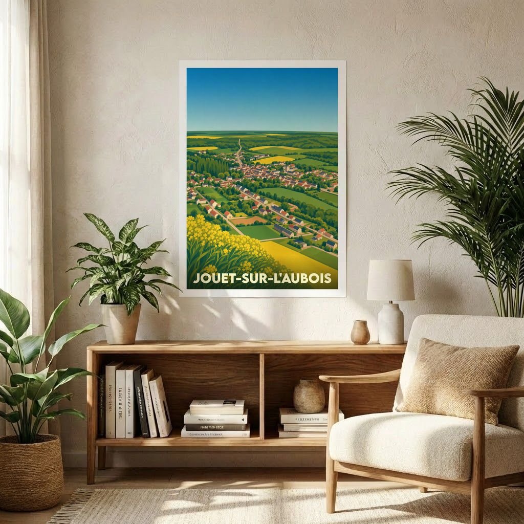 Affiche souvenir de la ville de Jouet-sur-l'Aubois avec une illustration stylisée d'un paysage de campagne.
